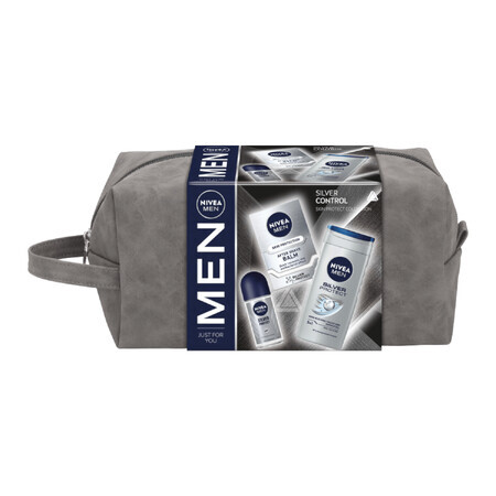 Kit Nivea Men Silver Control, baume après-rasage, antibactérien, 100 ml + roll-on anti-transpiration, 48h, 50 ml + gel douche 3-en-1 pour le visage, le corps et les cheveux, 250 ml