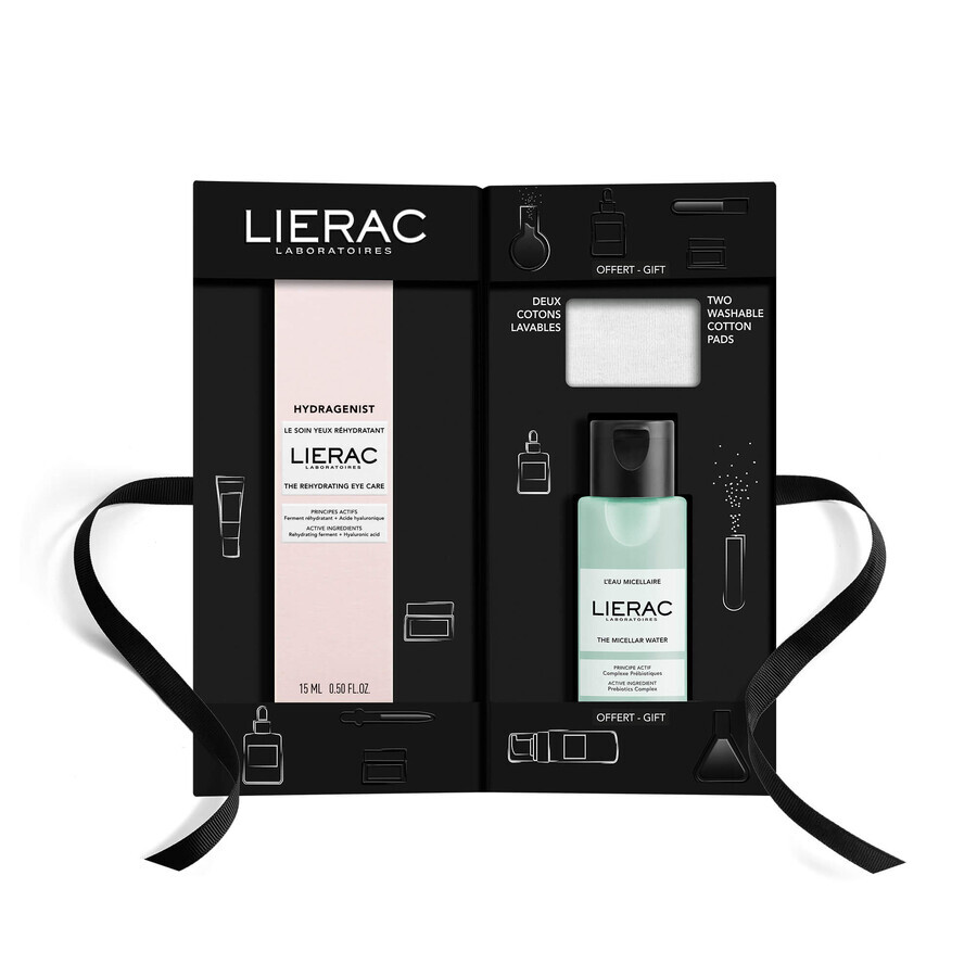 Lierac Hydragenist set, crema de ojos, 15 ml + agua micelar, 50 ml + almohadillas cosméticas, 2 piezas de regalo