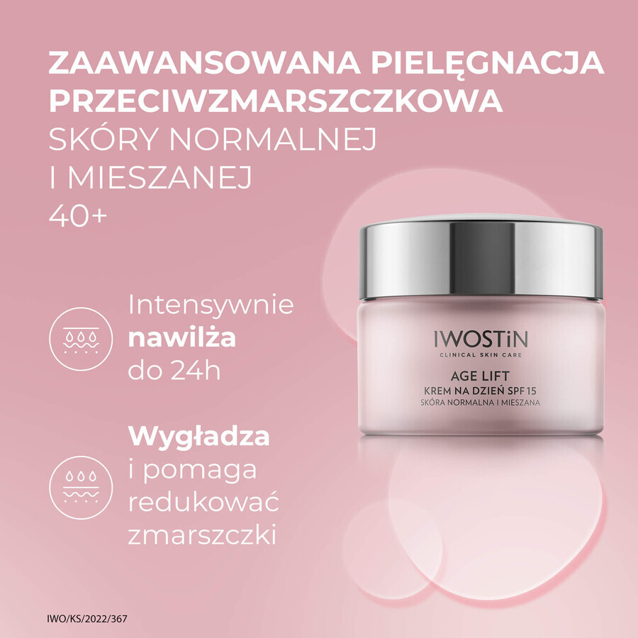 Iwostin Age Lift set, crema de día, piel normal y mixta, SPF 15, 50 ml + crema de ojos, 15 ml + sérum antiarrugas, 30 ml