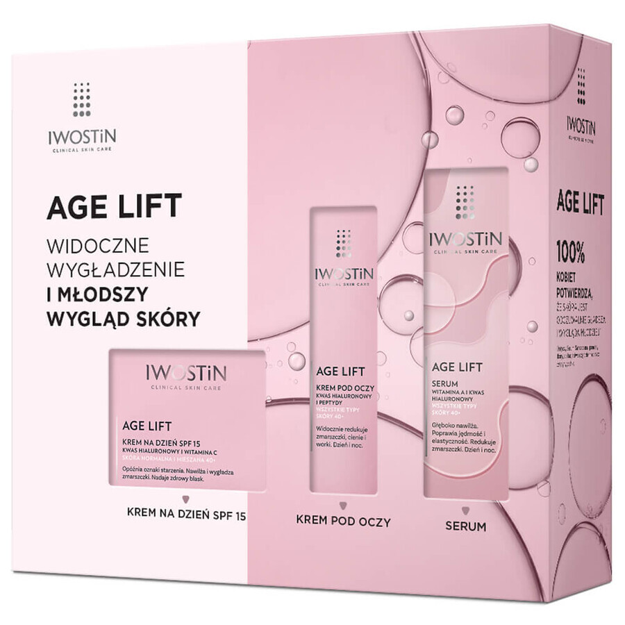 Iwostin Age Lift set, crema de día, piel normal y mixta, SPF 15, 50 ml + crema de ojos, 15 ml + sérum antiarrugas, 30 ml