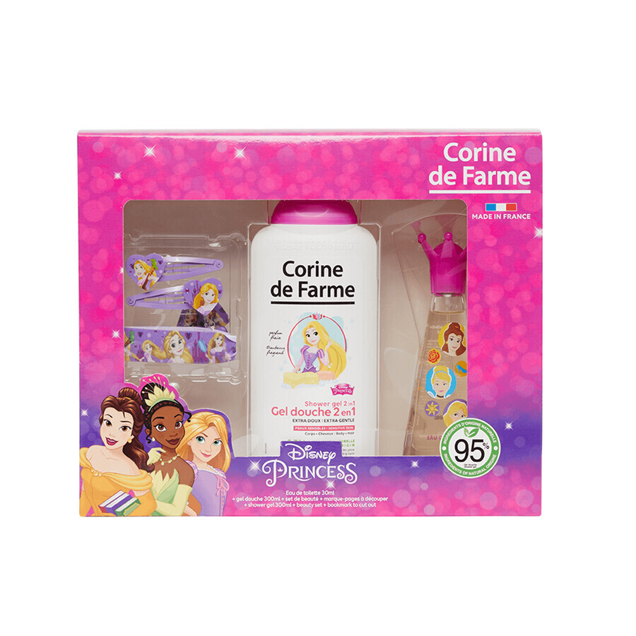 Set Corine De Farme Princesas Disney, eau de toilette, 30 ml + gel de ducha, 300 ml + pinzas para el pelo, 2 piezas + pulsera, 1 pieza