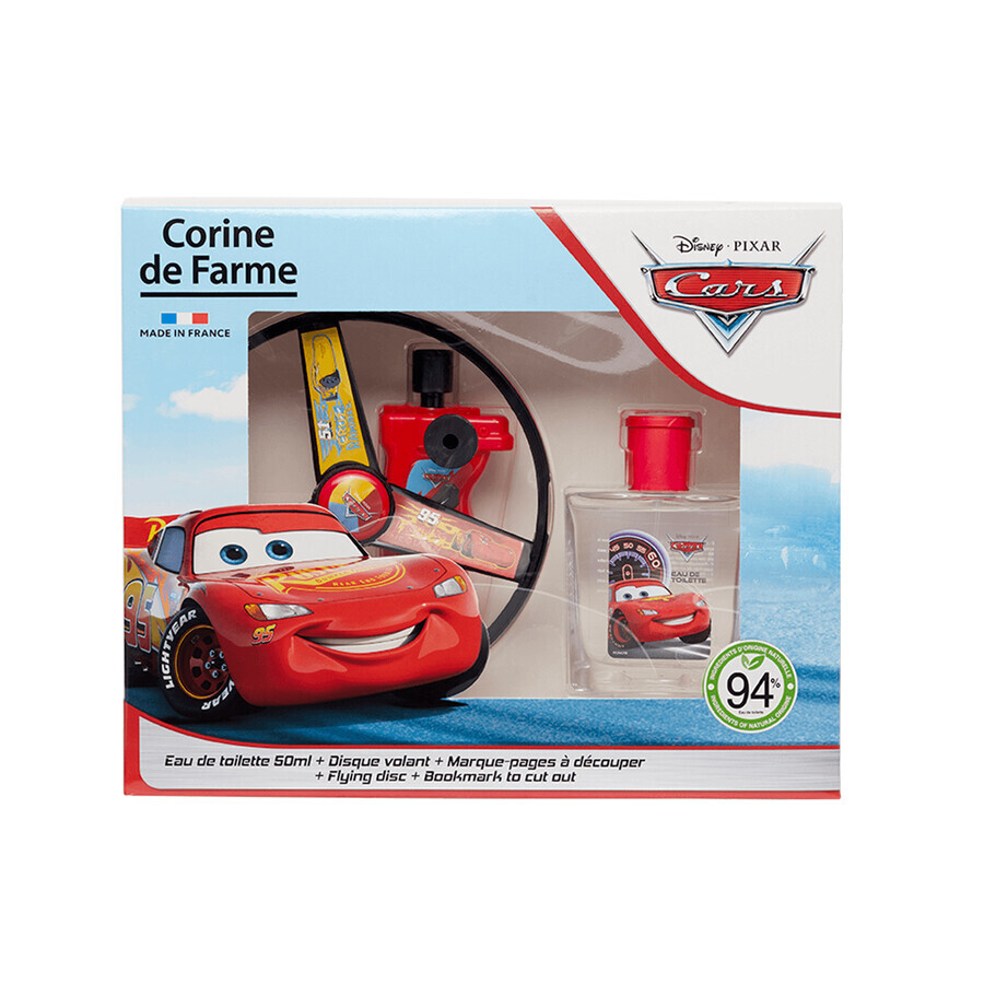 Set Corine De Farme Disney Cars, eau de toilette, 50 ml + disco volador, 1 unidad + marcapáginas recortable, 1 unidad