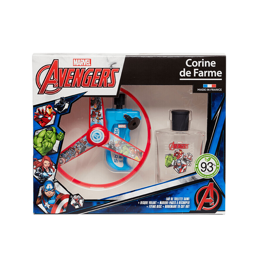 Corine De Farme Marvel Avengers set, eau de toilette, 50 ml + disco volador, 1 pieza + marcapáginas recortable, 1 pieza