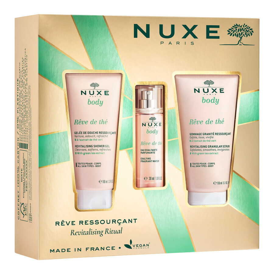 Set Nuxe Body Reve de the, gel doccia rivitalizzante, 100 ml + scrub corpo rivitalizzante, 150 ml + acqua di profumo, 30 ml