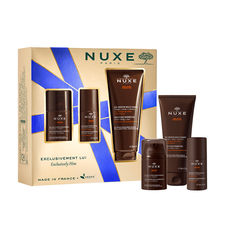 Set Nuxe Men, gel idratante multifunzionale per il viso, 50 ml + deodorante roll-on, 50 ml + gel doccia, 200 ml