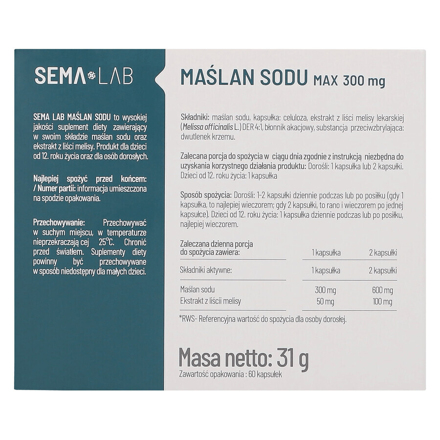 SEMA Lab Sodium Butyrate Max 300 mg, 60 cápsulas de liberación retardada