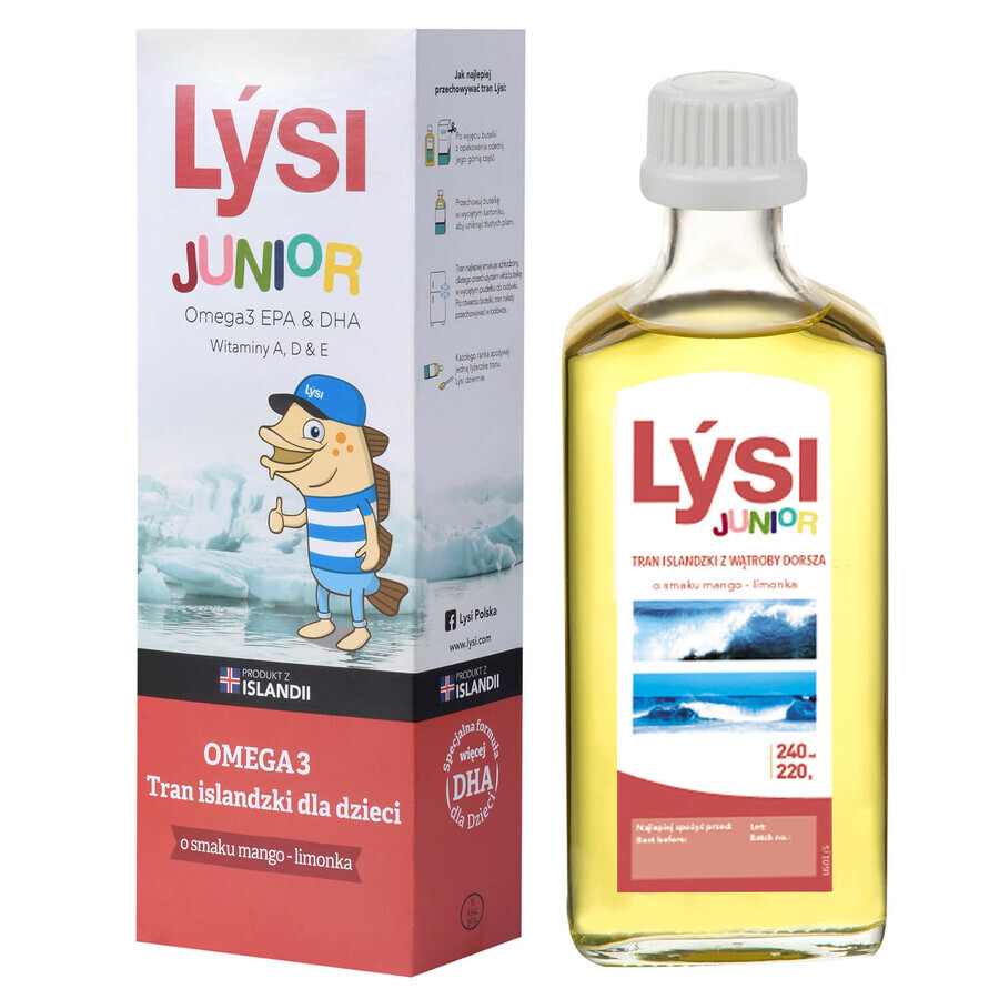 Aceite de hígado de bacalao islandés Lysi para niños, sabor mango-lima, 240 ml