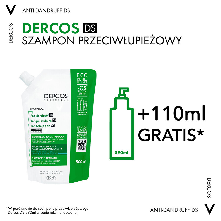 Vichy Dercos Anticaspa DS, champú anticaspa, cabello normal y graso, recambio, 500 ml