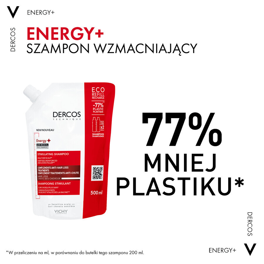 Vichy Dercos Energy+, champú estimulante, recambio, 500 ml