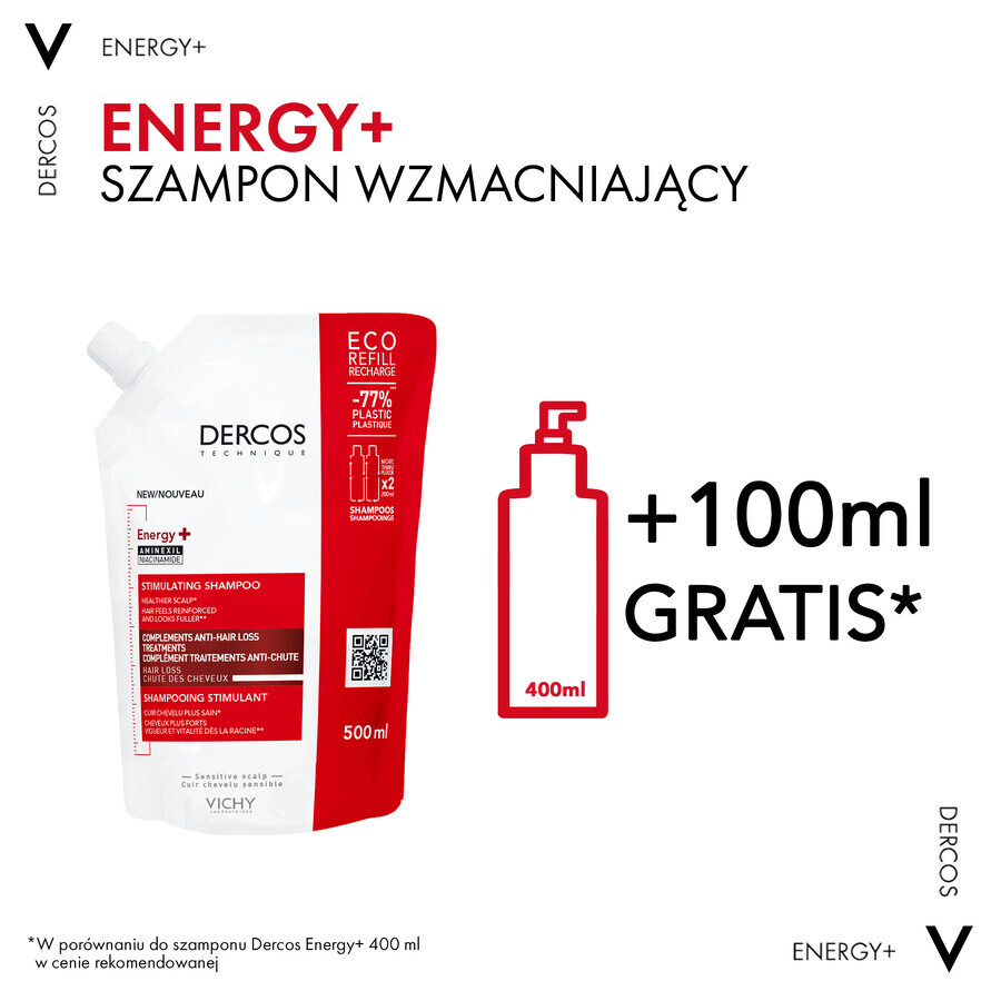 Vichy Dercos Energy+, champú estimulante, recambio, 500 ml