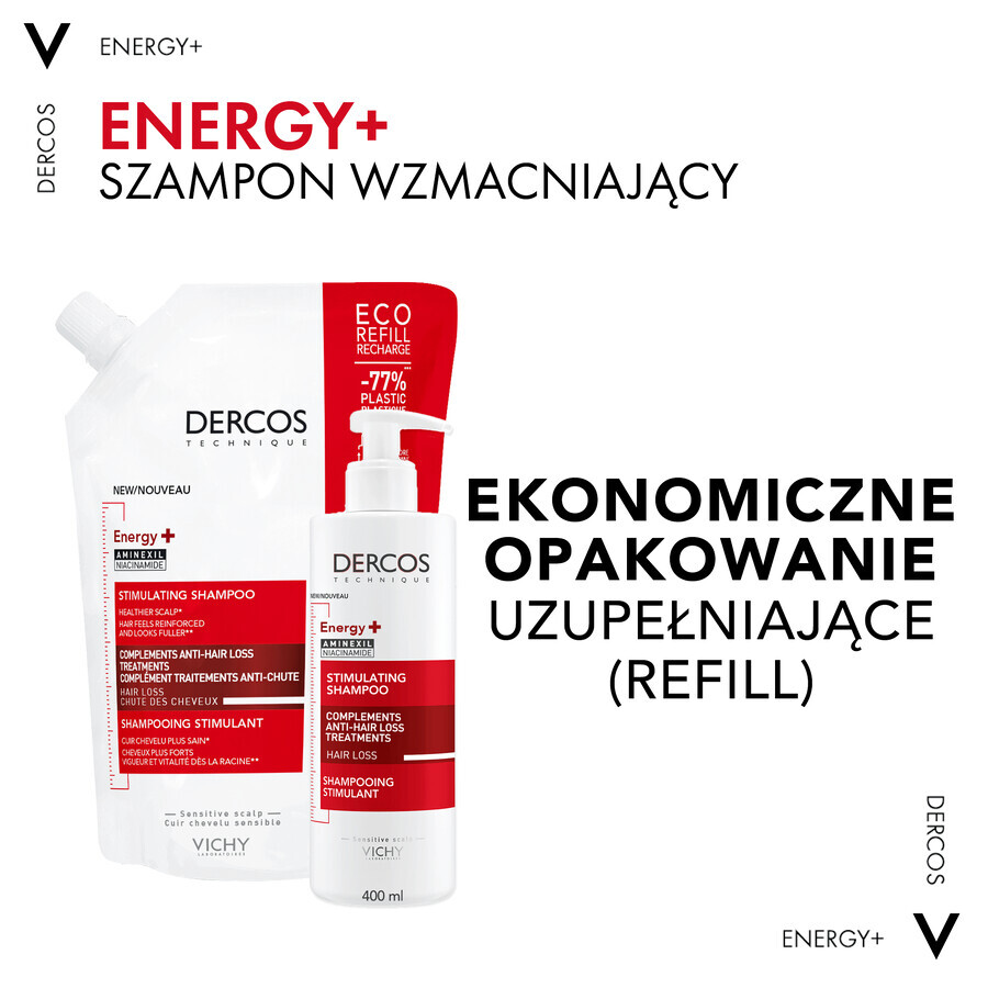 Vichy Dercos Energy+, champú estimulante, recambio, 500 ml