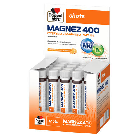 Doppelherz Shots Magnesio 400, líquido, sabor naranja y limón, 25 ml x 20 ampollas