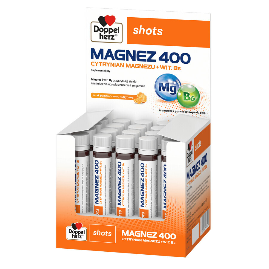 Doppelherz Shots Magnesio 400, líquido, sabor naranja y limón, 25 ml x 20 ampollas