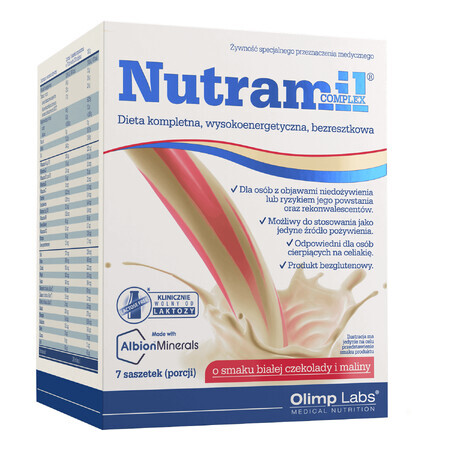 Olimp Nutramil Complex, preparado nutricional, chocolate blanco con frambuesas, 72 gx 7 sobres