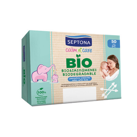 Septona Baby Calm n Care Bio, bastoncillos de algodón biodegradables para bebés, 50 unidades