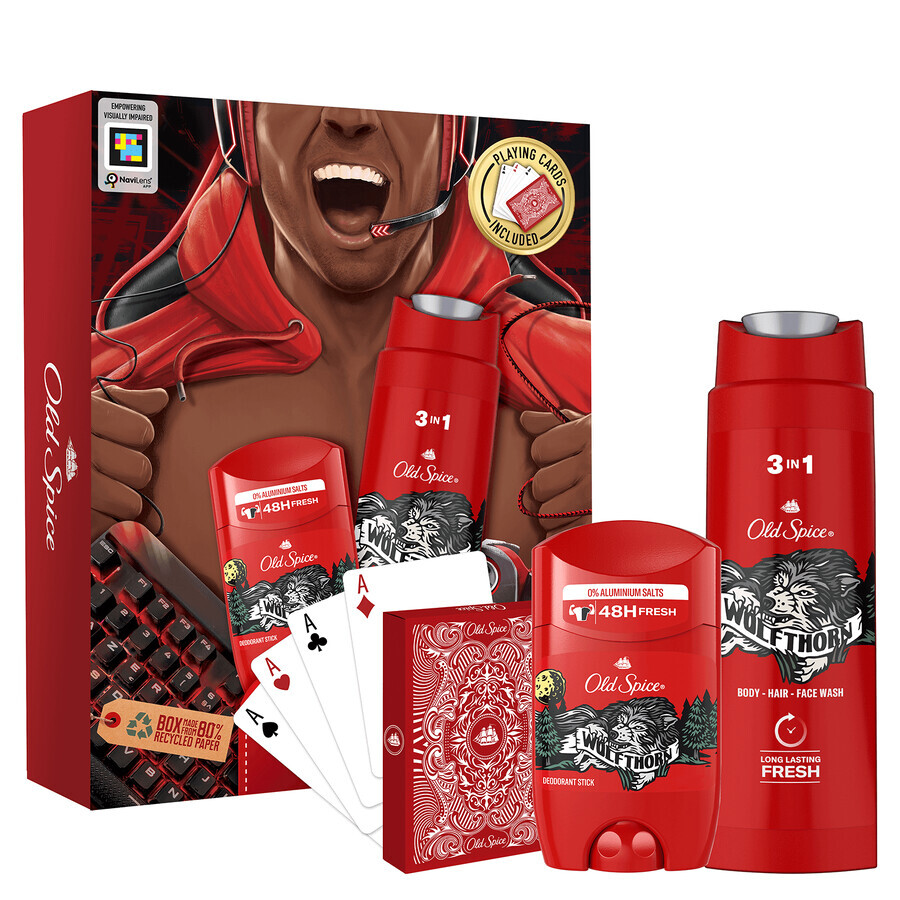 Old Spice Gamer set, desodorante en barra, Wolfthorn, 50 ml + gel de ducha 3 en 1, Wolfthorn, 250 ml + cartas de juego