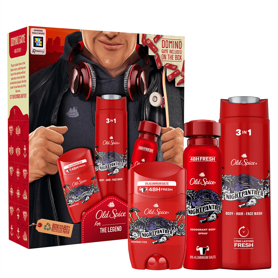 Set Old Spice City Explorer, desodorante en barra, Night Panther, 50 ml + desodorante en spray, Night Panther, 150 ml + gel de ducha 3 en 1, Night Panther, 400 ml + dominó