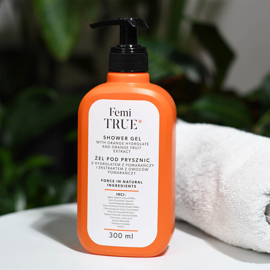 Femi True, gel de ducha con hidrolato de naranja y extracto de fruto de naranja, 300 ml