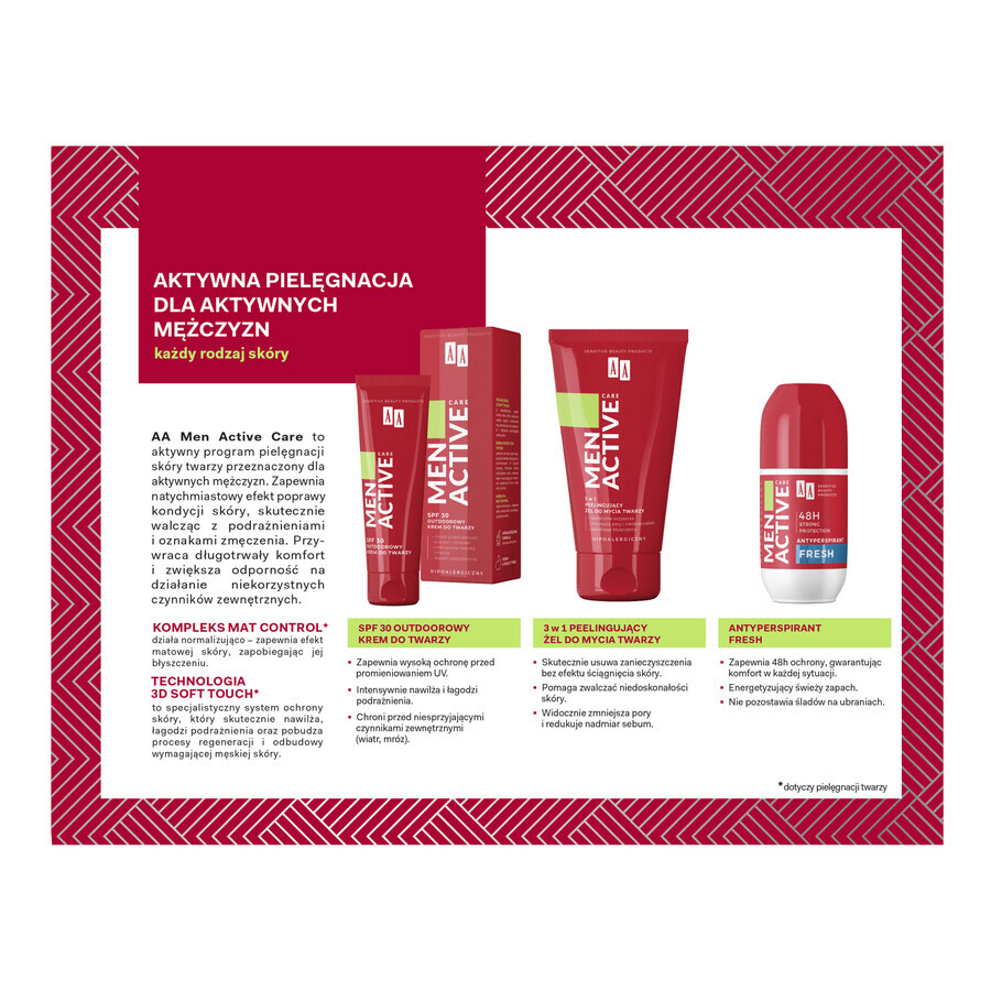 Set AA Men Active Care Active Care Programm, Gesichtscreme, SPF 30, 50 ml + Waschgel, 150 ml + Antitranspirant-Roller, Fresh, 50 ml