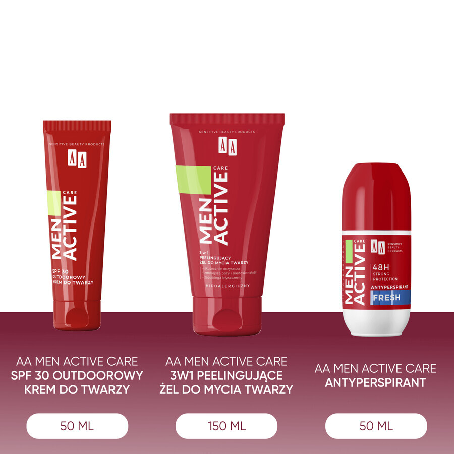 Set AA Men Active Care Active Care Programm, Gesichtscreme, SPF 30, 50 ml + Waschgel, 150 ml + Antitranspirant-Roller, Fresh, 50 ml