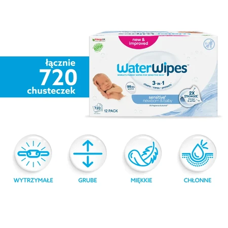 WaterWipes Bio, wet wipes, water, from birth, 12 x 60 pcs