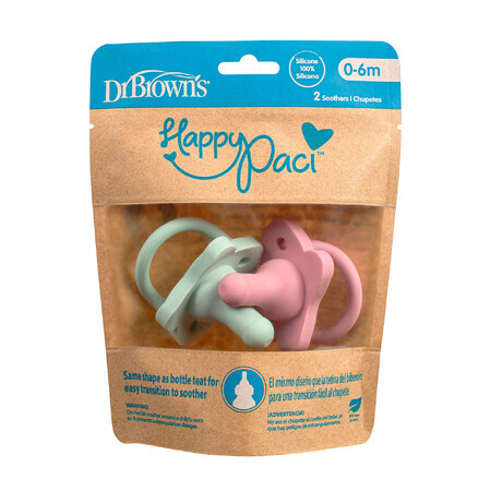 Dr Brown&#39;s Happy Paci, chupete con forma de tetina de biberón, silicona, rosa/verde, 0-6 meses, 2 piezas