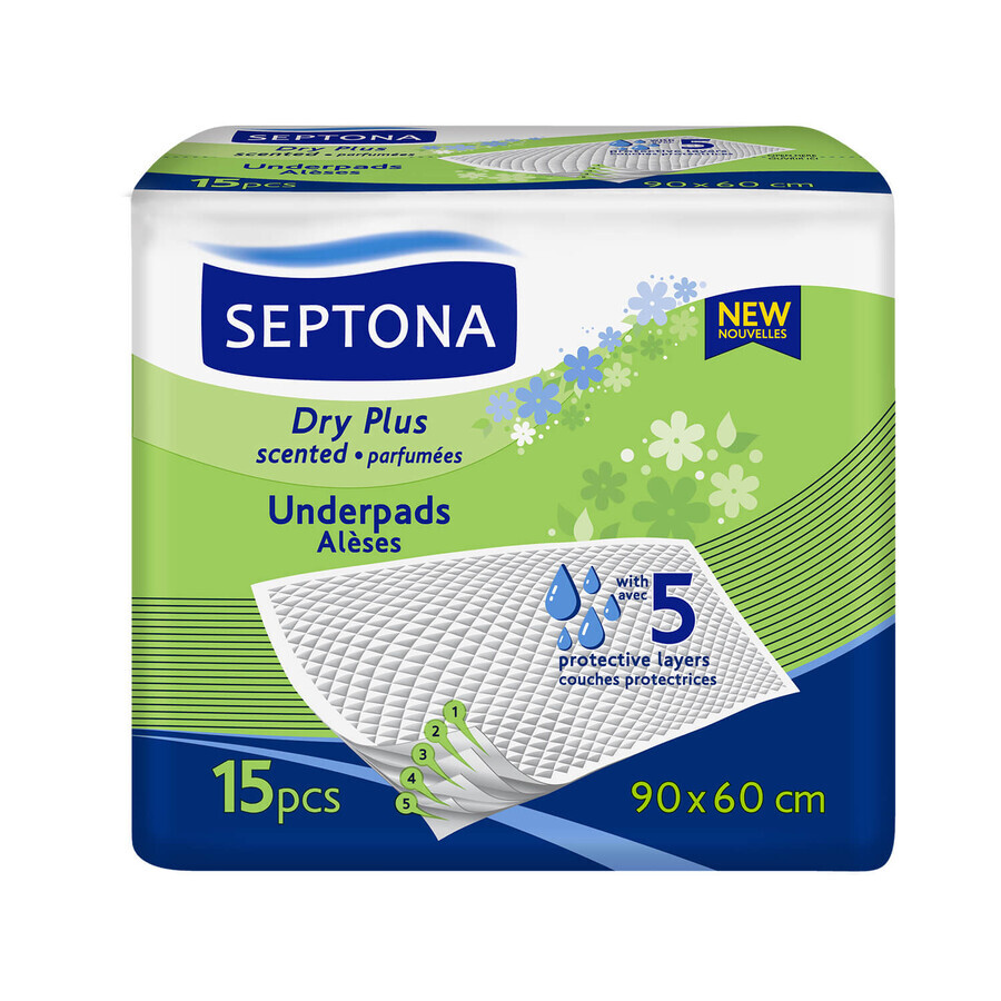 Septona Dry Plus, compresas higiénicas, perfumadas, 90 x 60 cm, 15 unidades