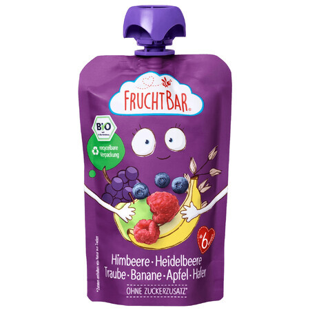 Fruchtbar Bio fruitmousse met granen in een tube, framboos, bosbes, druif, banaan, appel, haver, na 6 maanden, 100 g