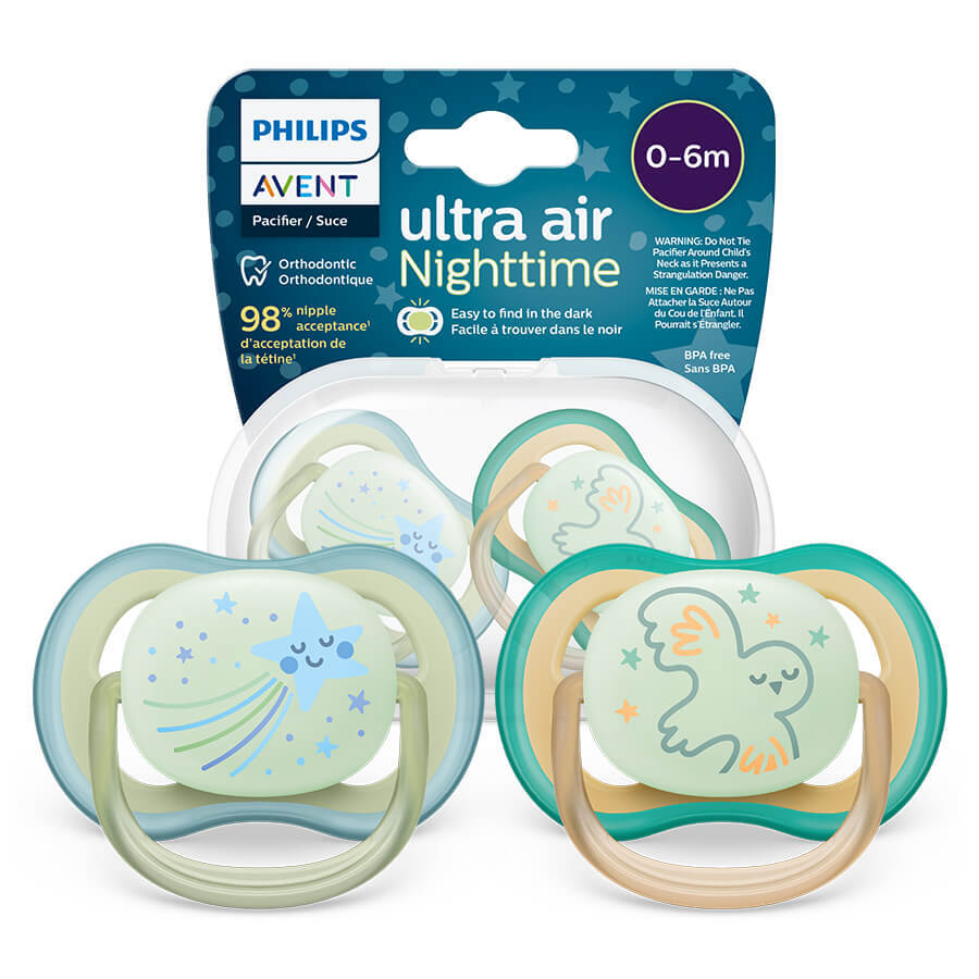 Avent Ultra Air Night, tétine, silicone, symétrique, phosphorescente, garçon, SCF376/18, 0-6 mois, 2 pièces