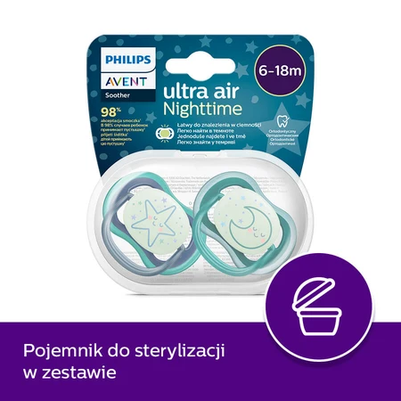 Avent Ultra Air Nighttime, suzetă, silicon, simetrică, strălucește în întuneric, băiat, SCF376/13, 6-18 luni, 2 bucăți