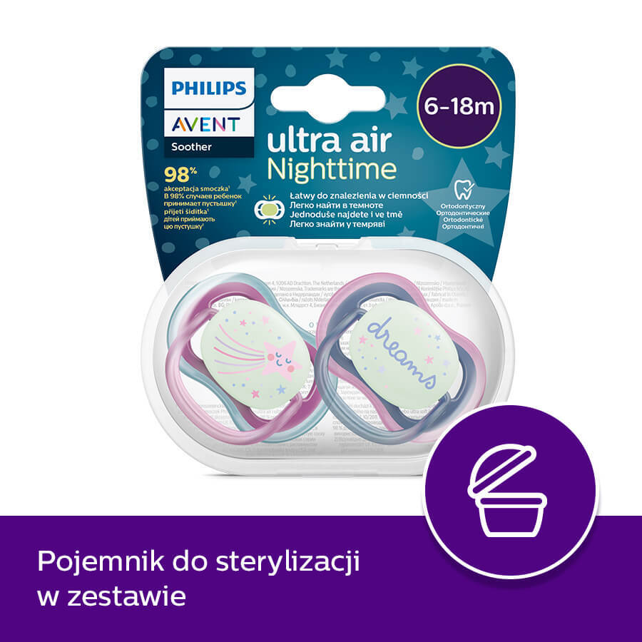 Avent Ultra Air Nighttime, chupete calmante, silicona, simétrico, brilla en la oscuridad, niña, SCF376/14, 6-18 meses, 2 piezas