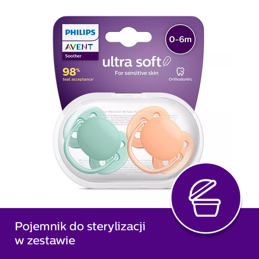 Avent Ultra Soft, chupete calmante, silicona, simétrico, neutro, SCF091/03, 0-6 meses, 2 unidades