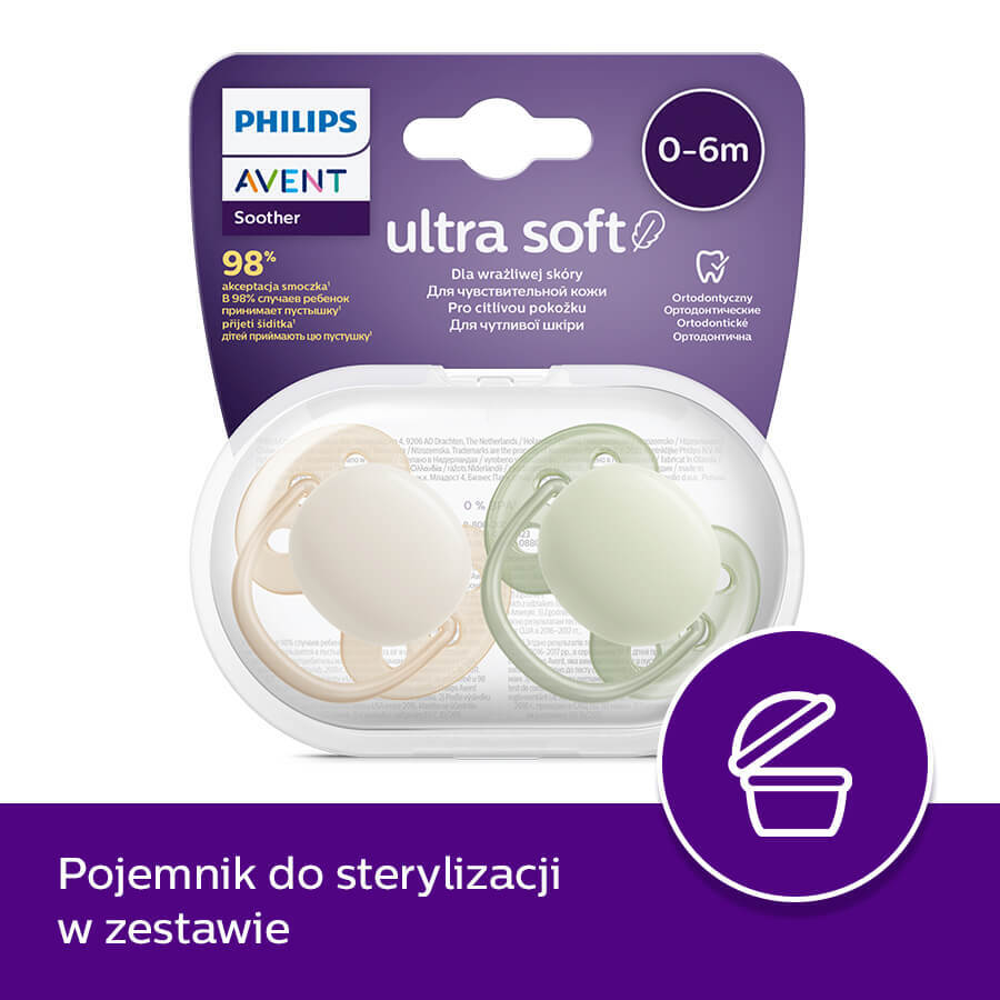 Avent Ultra Soft, sucette, silicone, symétrique, neutre, SCF091/05, 0-6 mois, 2 pièces