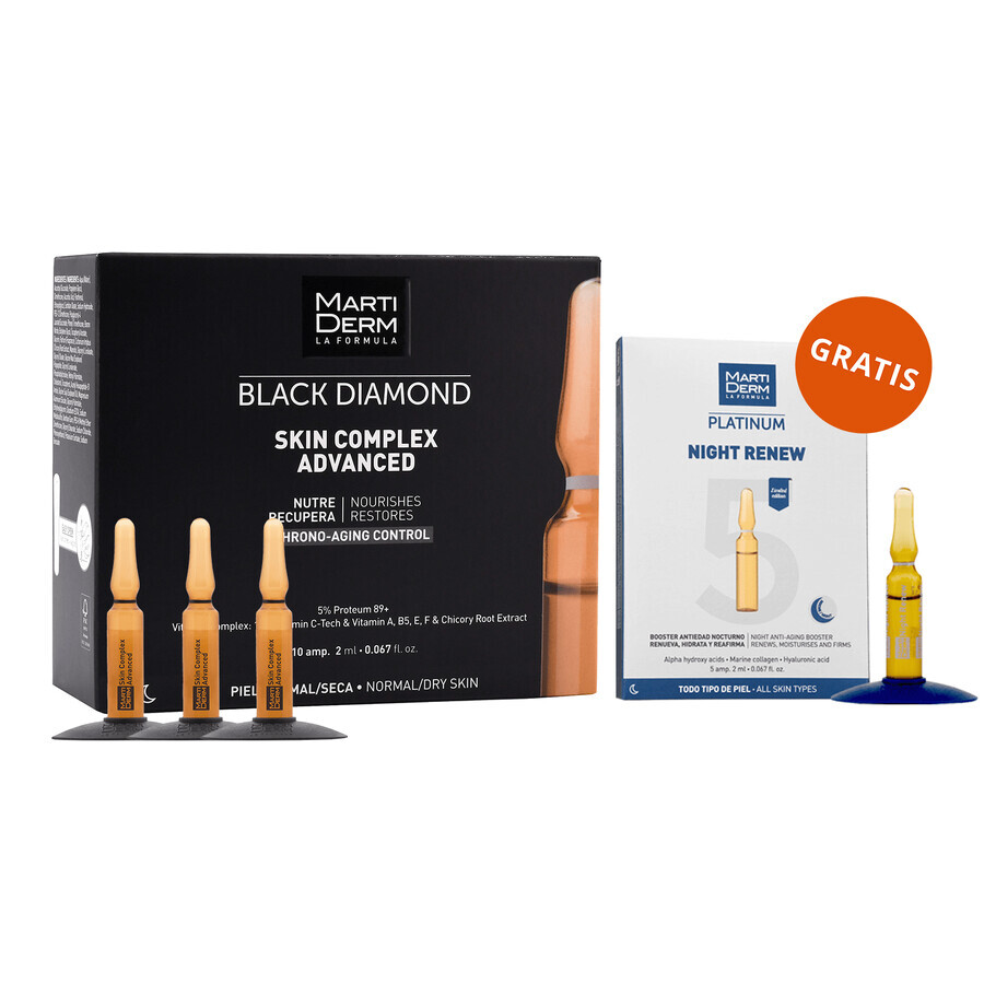 Set con MartiDerm Black Diamond Skin Complex Advanced de regalo, sérum facial, 2 ml x 10 ampollas + Platinum Night Renew, potenciador de noche, 2 ml x 5 ampollas