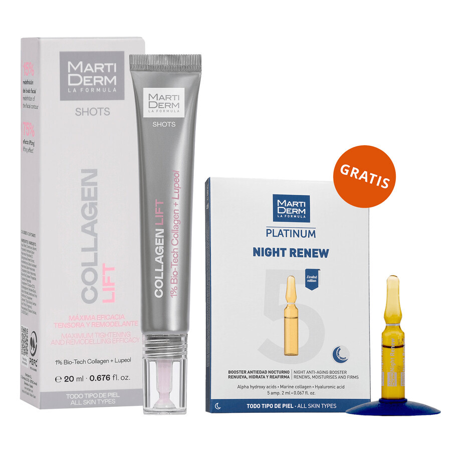 Set gratuit cu MartiDerm Shots Collagen Lift, ser facial, 20 ml + Platinum Night Renew, stimulent de noapte, 2 ml x 5 fiole