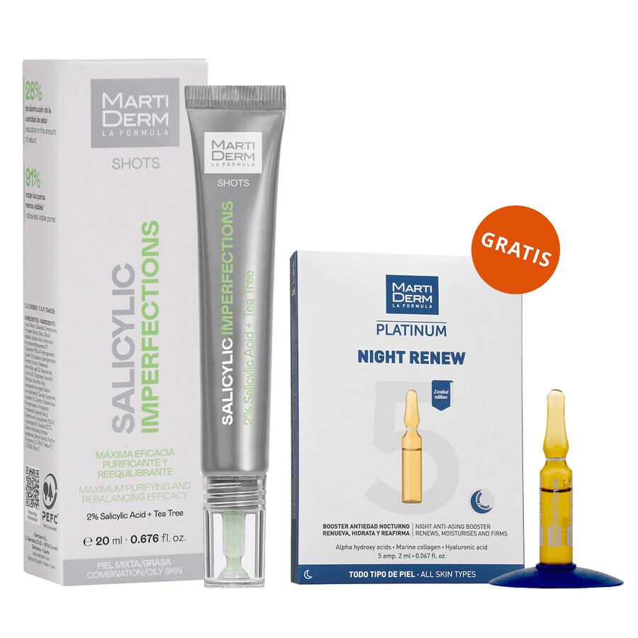 Set mit kostenlosen MartiDerm Shots Salicylic Imperfections, Gesichtsserum, 20 ml + Platinum Night Renew, Nacht-Booster, 2 ml x 5 Ampullen