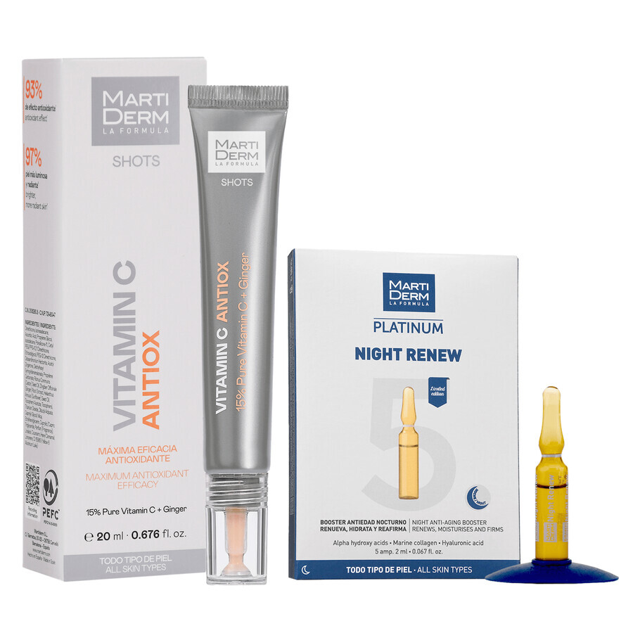 Set con MartiDerm Shots Vitamin C Antiox, sérum facial, 20 ml de regalo + Platinum Night Renew, potenciador de noche, 2 ml x 5 ampollas