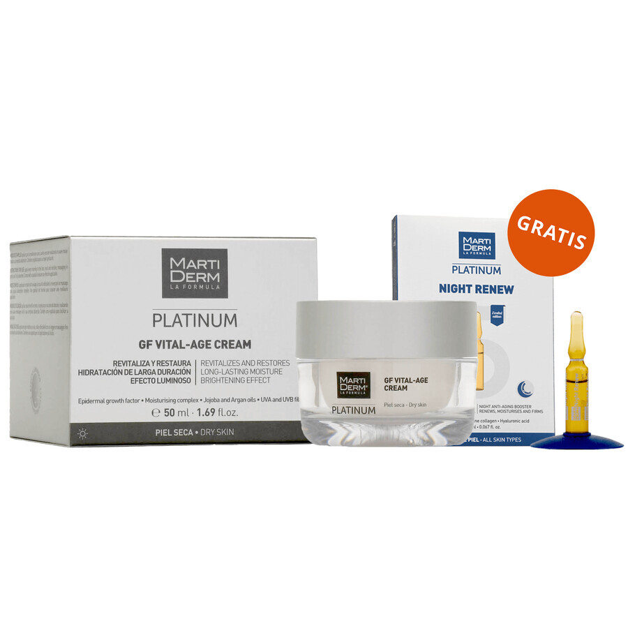 Set con MartiDerm Platinum GF Vital Age Cream de regalo, crema para pieles secas, 50 ml + Night Renew, potenciador de noche, 2 ml x 5 ampollas