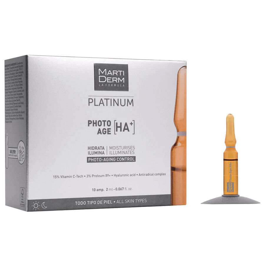 Coffret avec MartiDerm Platinum Photo Age [HA+], sérum visage, 2 ml x 10 ampoules + Night Renew, booster nuit, 2 ml x 5 ampoules