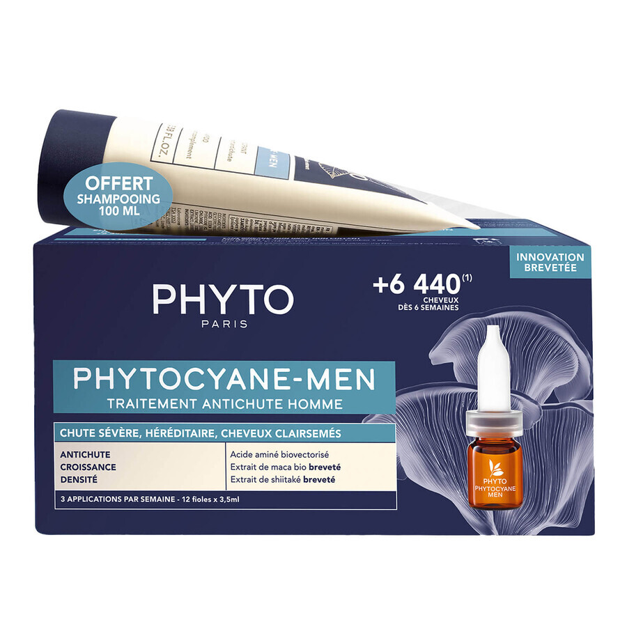 Phyto Phytocayne-Men set, tratamiento anticaída para hombre, ampollas progresivas, 12 x 3,5 ml + champú, 100 ml