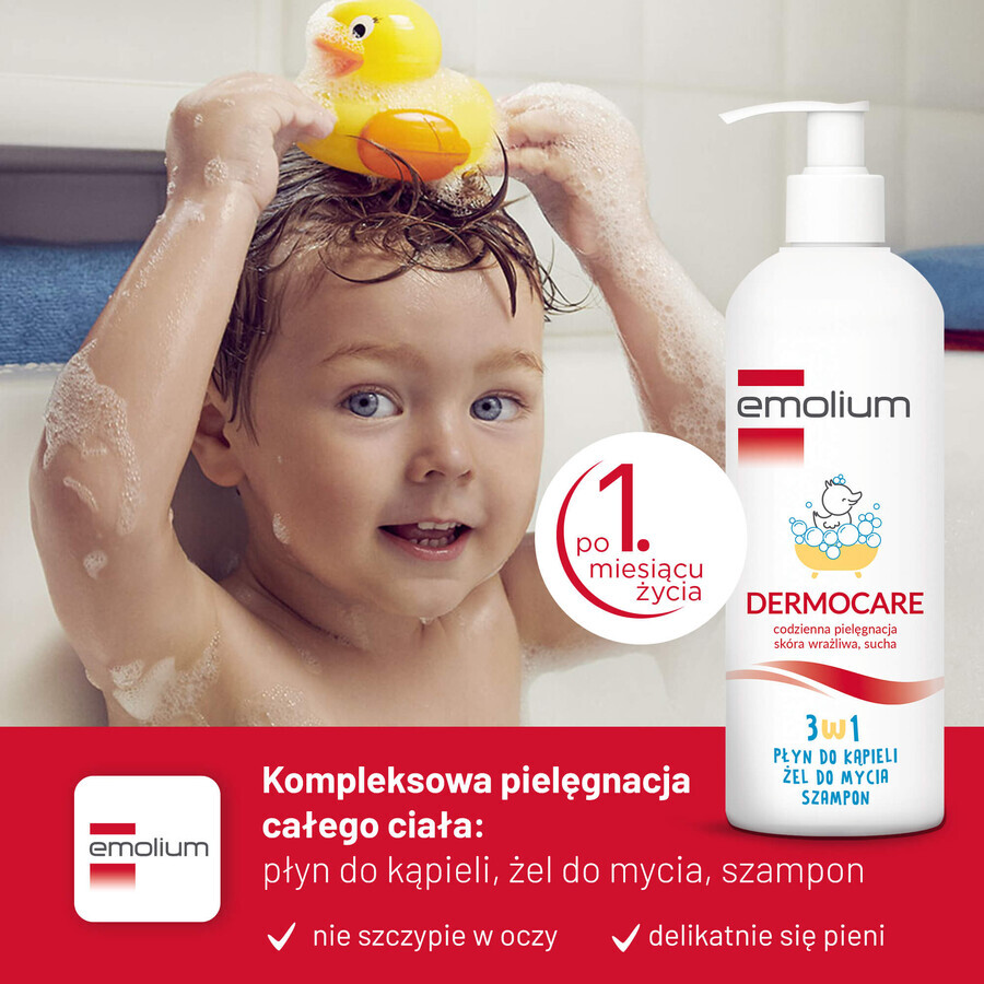 Emolium Dermocare 3-in-1 set, lotion de bain, gel lavant et shampooing, après 1 mois, 2 x 400 ml + émulsion de bain, 50 ml gratuit