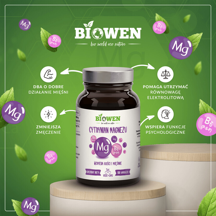 Biowen Citrato de Magnesio + Vitamina B6, 100 cápsulas