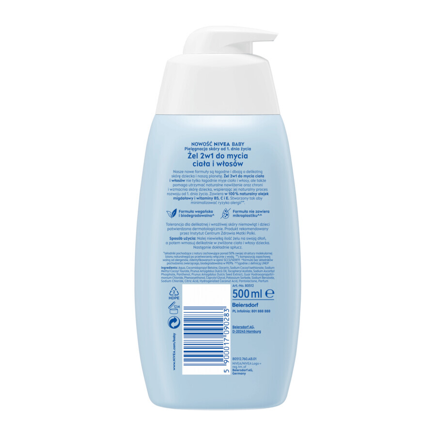 Nivea Baby, gel de curățare 2 în 1 pentru corp și păr, din prima zi, 500 ml