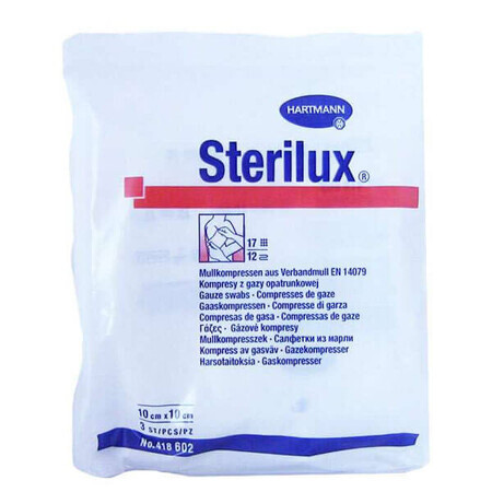 Sterilux, compresas de gasa esterilizadas, 17 hilos, 12 capas, 10 cm x 10 cm, 3 piezas