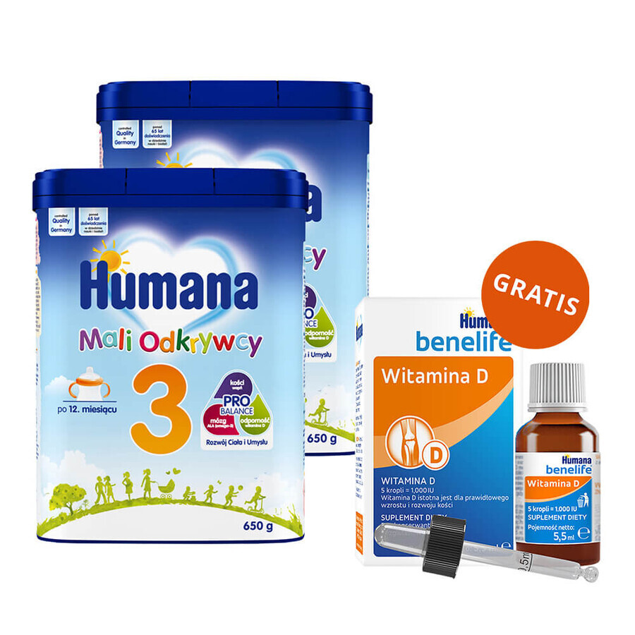 Set Humana 3 Mali Explorers, bebida de leche en polvo, después de 12 meses, 2 x 650 g + Benelife Vitamina D3, 5,5 ml gratis