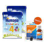 Set Humana 4 Little Explorers, bevanda al latte in polvere, dopo 24 mesi, 2 x 650 g + Benelife Vitamina D3, 5,5 ml in omaggio