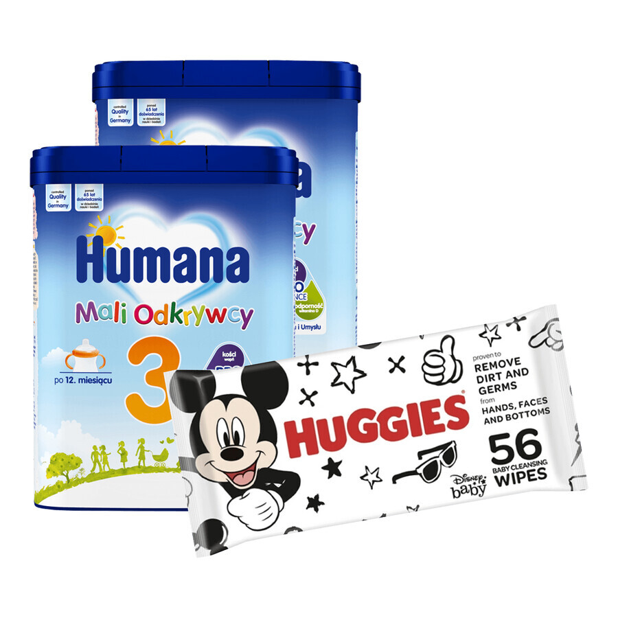 Set Humana 3 Little Explorers, bevanda al latte in polvere, dopo 12 mesi, 2 x 650 g + salviette umidificate, 56 gratis