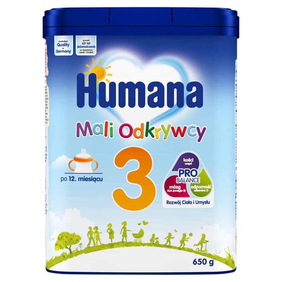 Set Humana 3 Little Explorers, bevanda al latte in polvere, dopo 12 mesi, 2 x 650 g + salviette umidificate, 56 gratis