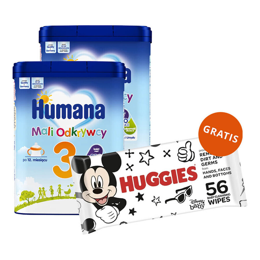 Set Humana 3 Little Explorers, bevanda al latte in polvere, dopo 12 mesi, 2 x 650 g + salviette umidificate, 56 gratis