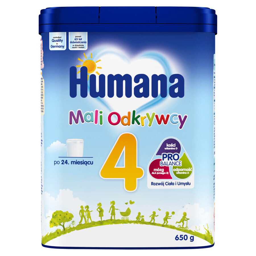 Set Humana 4 Little Explorers, lapte praf, după 24 luni, 2 x 650 g + șervețele umede, 56 gratuit